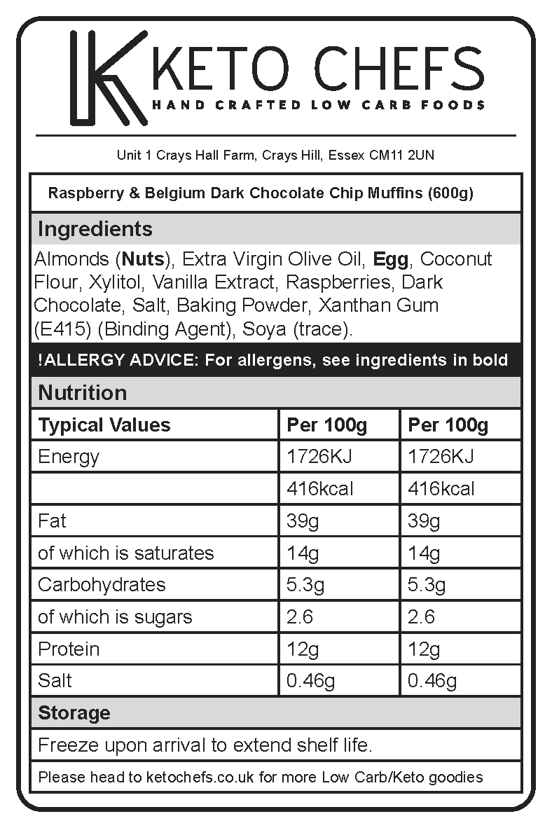 6 x Fully Ketogenic Raspberry & 90% Belgian Dark Chocolate Chip Muffins (FREEZER FRIENDLY) 600g