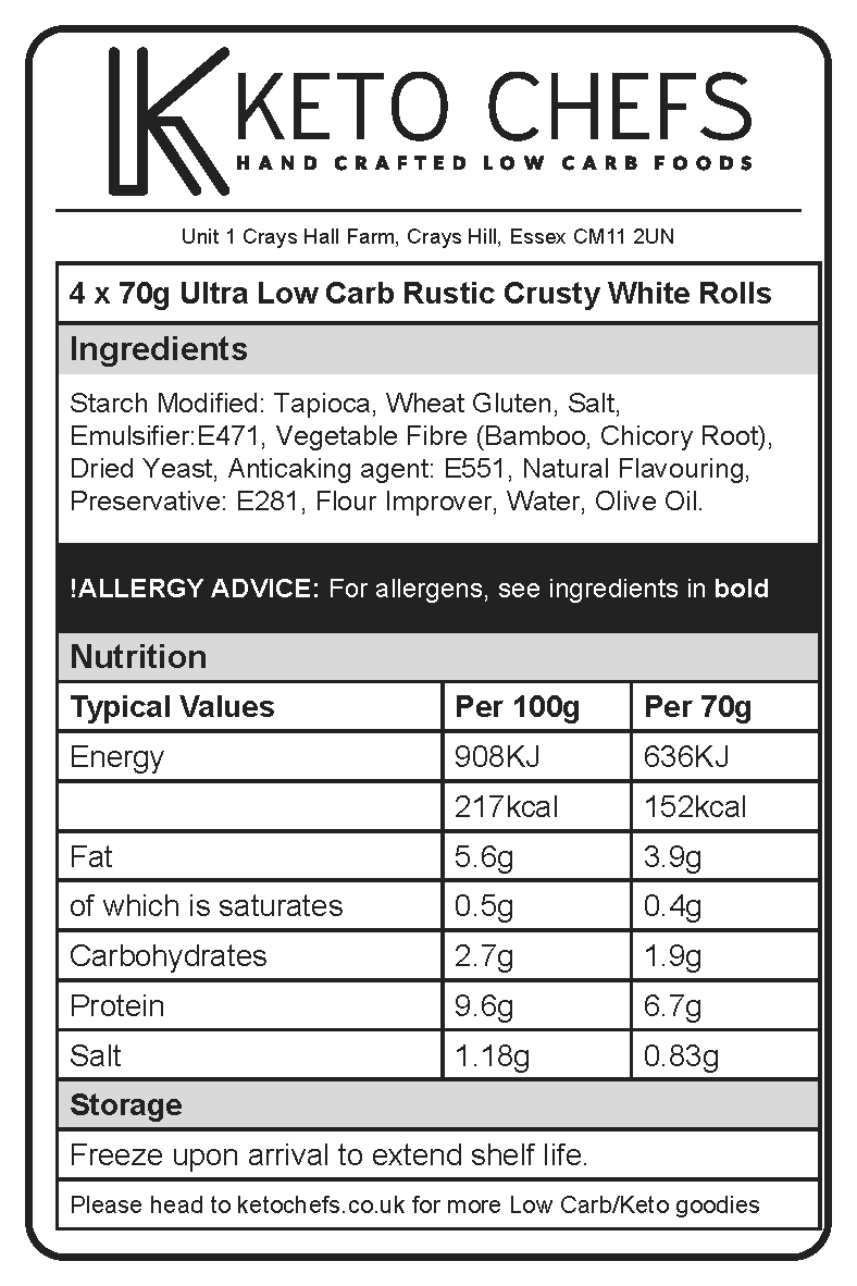 Ultra Low Carb Rustic Crusty White Rolls 4 x 70g