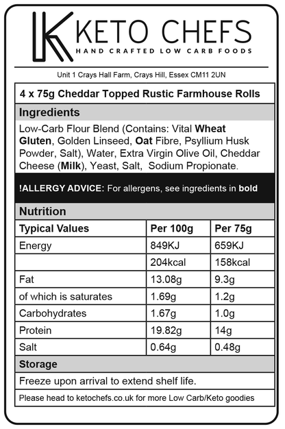 4 x 75g Ultra Low Carb Hand Shaped Cheddar Topped Rustic Farmhouse Rolls (FREEZER FRIENDLY)