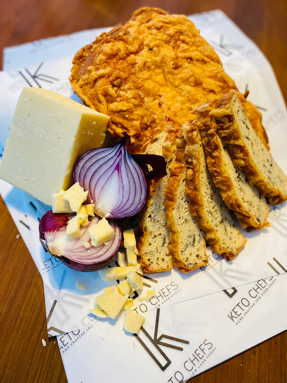 Keto Chefs Farmhouse Cheddar & Roasted Red Onion Focaccia Style Bread 8/10 portions (freezer friendly)