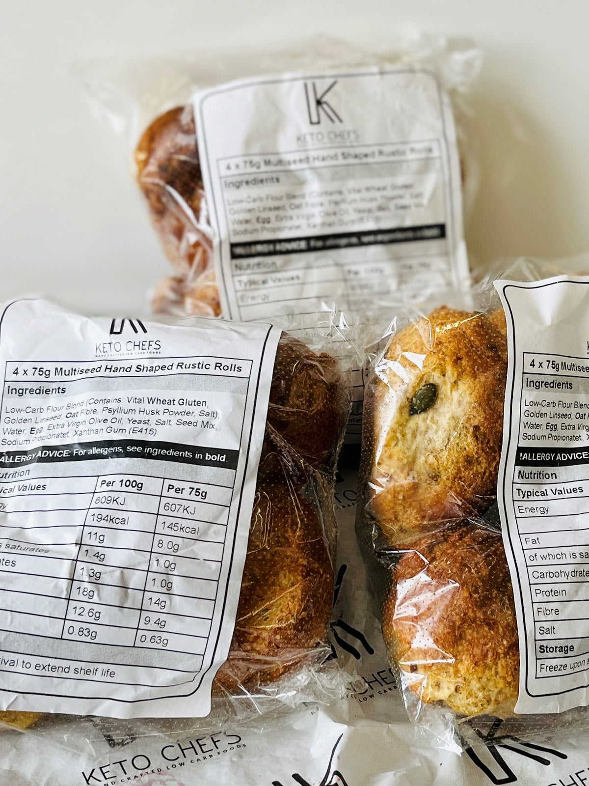BUNDLE 3x 4 x 75g Ultra Low Carb Multiseed Hand Shaped Rustic Farmhouse Rolls (FREEZER FRIENDLY)